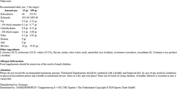 Nährwerte und Zutaten ESN Nitro BCAA (Tropical Punch, 1 Stk., 500 g)
