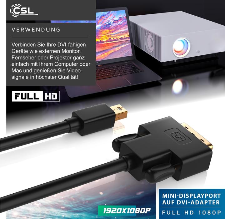 Image du produit CSL Câble vidéo Mini DisplayPort vers DVI, câble adaptateur de moniteur miniDP, pour Apple, PC et (2 m, DisplayPort, DVI)