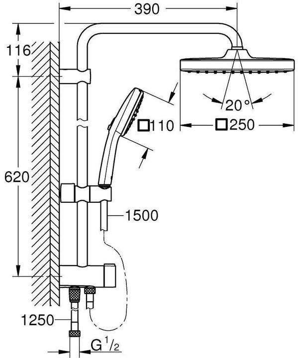 Image du produit Grohe Vitalio Comfort 250 Flex Duschsystem mit Umstellung, Reno-Set, Länge 620mm, wassersparend, chrom