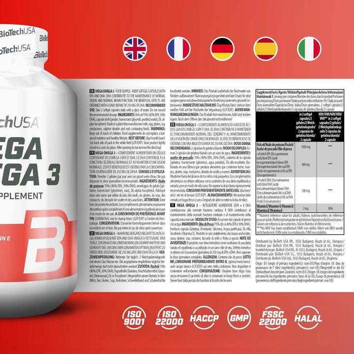 Nährwerte und Zutaten Biotech USA BioTech Mega Omega 3, 90 Kapseln (90 Stück, Kapseln)