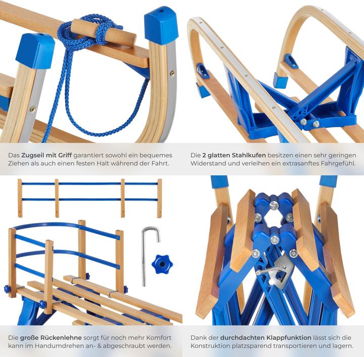 Produktbild tectake Holzschlitten Vivian, klappbar mit Rückenlehne und Zugseil