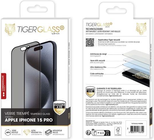 Actual product image Tiger Glass film Recycled, Privacy (1 Piece, Apple iPhone 15 Pro)