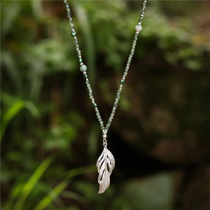 Actual product image Andreani Necklace with feather pendant made of genuine green jade with freshwater pearls