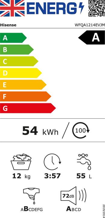 Energy Label Hisense Washing Machine WFQA1214EVJM Front Loader 12kg EEK A 1400upm Steam Inverter (12 kg, Left)