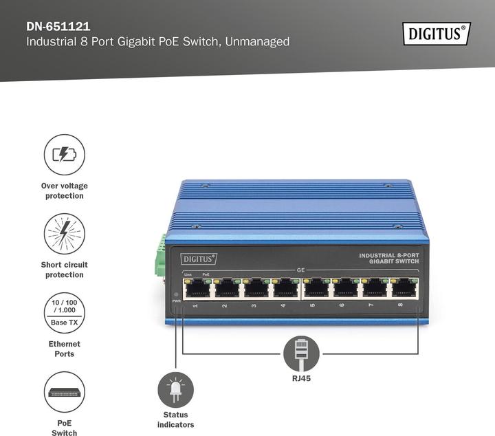 Actual product image Digitus Industrial 8-Port Gigabit PoE Switch (8 Ports)