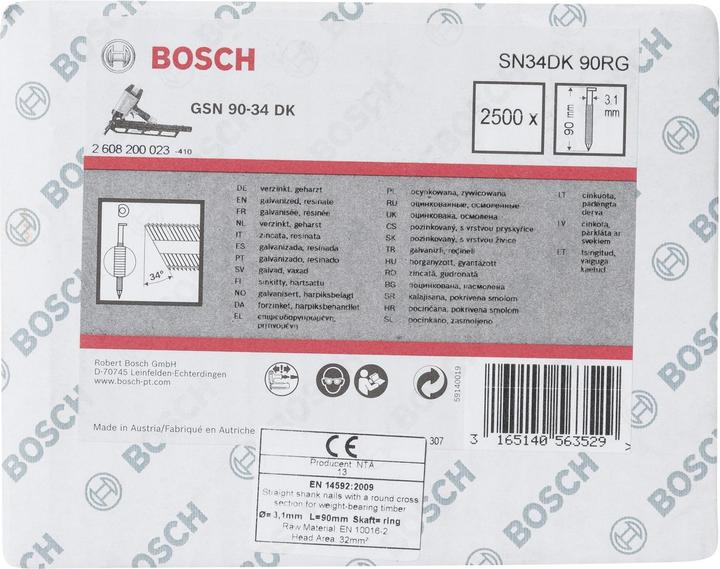 Nährwerte und Zutaten Bosch Professional Zubehör D-Kopf Streifennagel SN34DK 90RG, 3,1 mm, 90 mm, verzinkt, gerillt