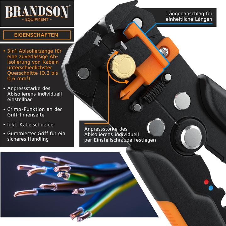 Produktbild Brandson Abisolierzange selbsteinstellend, 10-24 AWG, Crimpzange zum Abisolieren, Kabelschneider 0,2 - 6mm² ⌀ (210 mm)