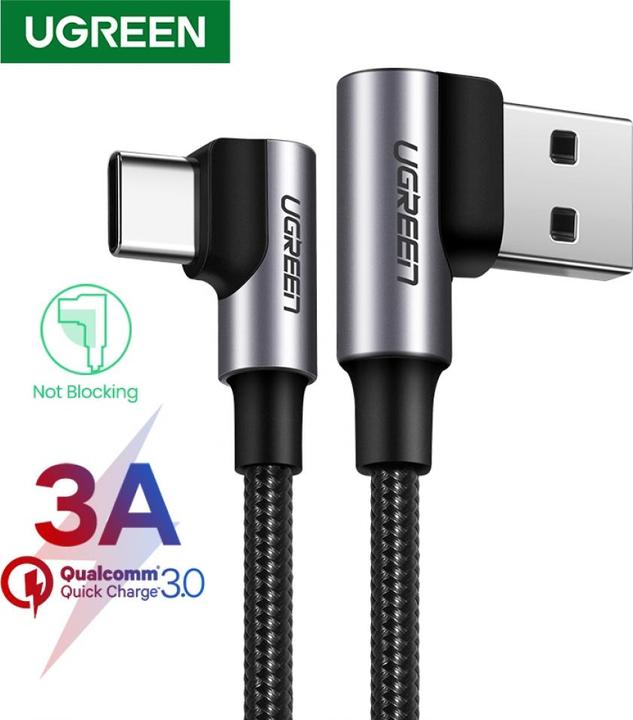 Actual product image Ugreen USB-C angled to USB-A 2.0 angled 3A data cable (2 m, USB 3.0)