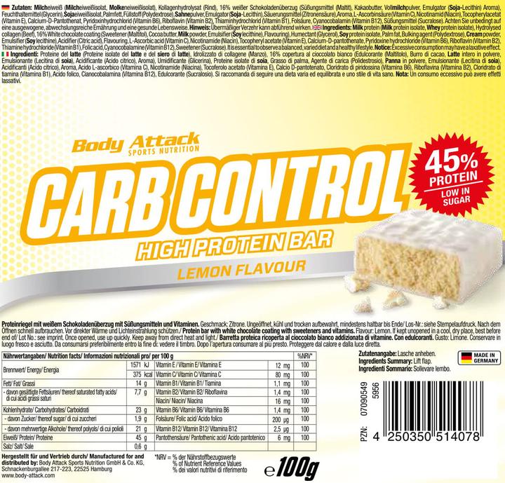 Valeurs nutritives et ingrédients Body Attack Carb Control (15x100g barre) (Croustillant au beurre de cacahuète, 15 pcs)