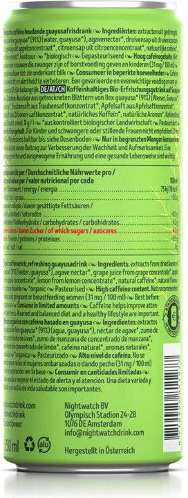 Nutritional values and ingredients Nightwatch Focus & Power Extreme Energy Drink Organic (1 x 25 cl)