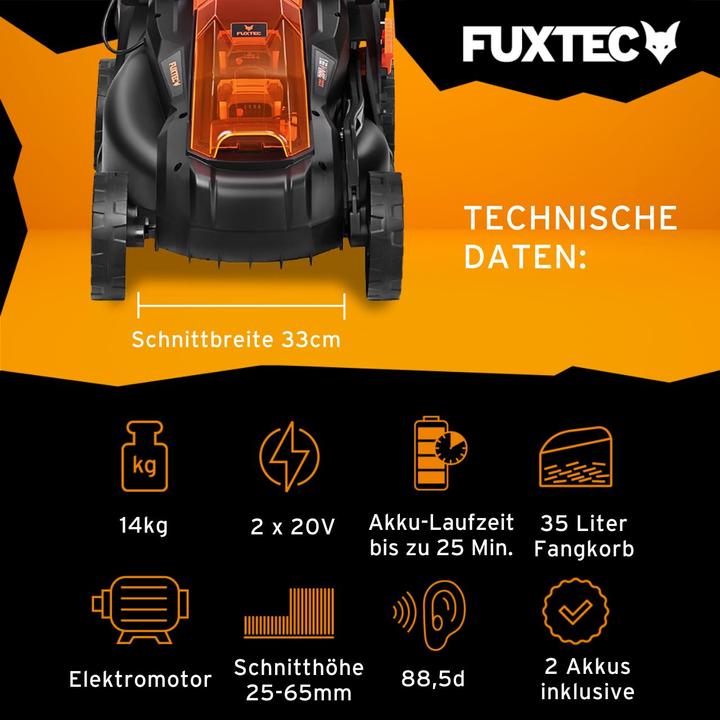 Immagine prodotto Fuxtec Tosaerba a batteria da 40V FX-E1RM20 SET con 2 batterie da 2Ah, caricatore doppio da 2,4A (Batteria ricaricabile)