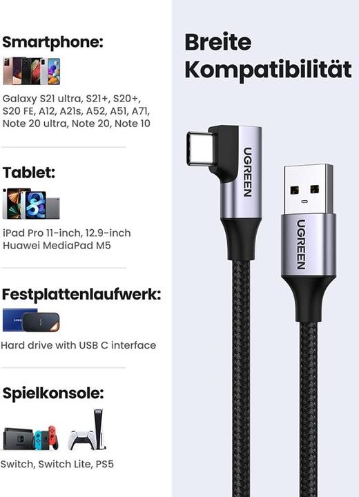Immagine prodotto Ugreen Cavo angolare da USB a USB-C US385, 3A, 1m (nero) (1 m, USB 3.0)