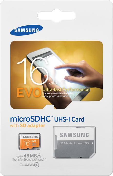 Produktbild Samsung EVO microSDHC mit Adapter (16 GB, microSDHC, U1, UHS-I)