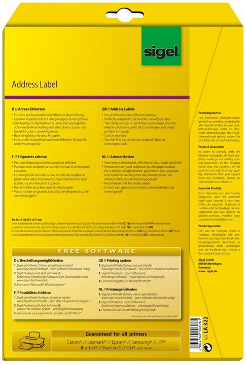 Valeurs nutritives et ingrédients Sigel Étiquettes d'adresse