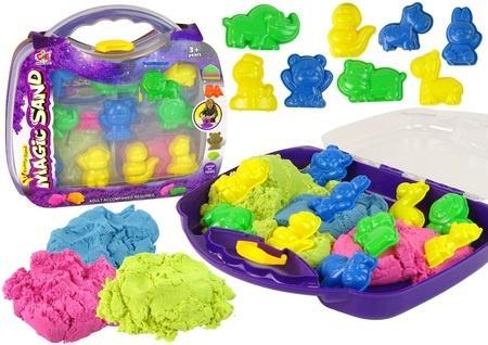 Immagine prodotto Lean Toys Sabbia magica cinetica in astuccio + forme di animali 1 chilogrammo di sabbia in 3 colori pastello