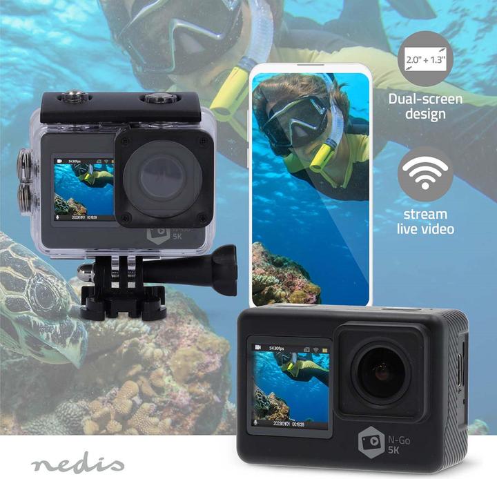 Produktbild Nedis Action Cam | Dualer Bildschirm | 5K@30fps | 16 MPixel | Wasserdicht bis: 30.00 m | 80 min | Wi (30p, WLAN)