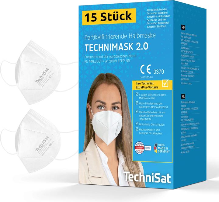 Produktbild TechniSat TECHNIMASK 2.0 - FFP2 Maske (5-lagige Gesichtsmaske mit hochwertigem Vlies, Mund- und Nase (FFP2, 15 x)