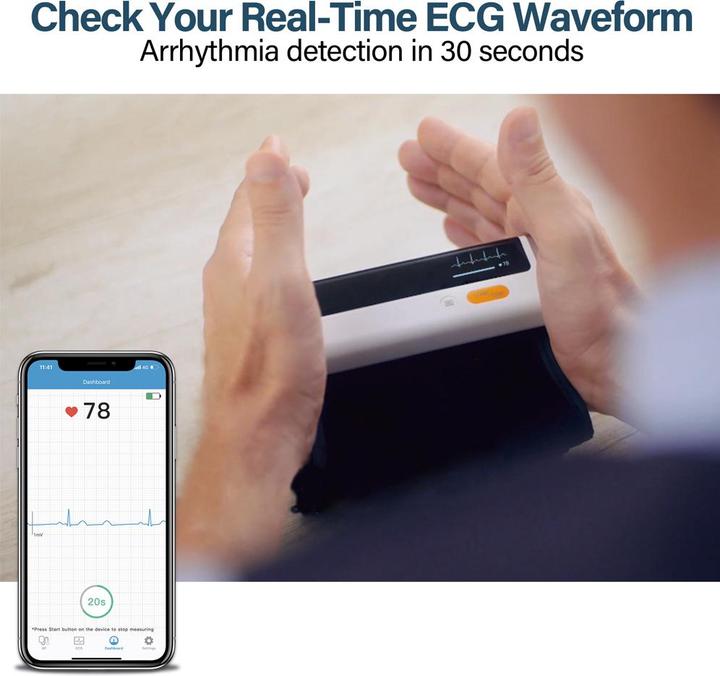 Immagine prodotto ViatomTech BP2 Smart Bloeddrukmeter + ECG, Bluetooth Sync, 3 misuratori di pressione, Bloeddrukmeter voor (Sfigmomanometro per braccio)