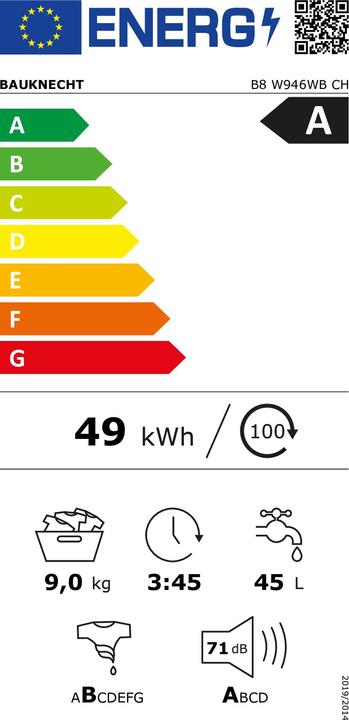 Label énergétique Bauknecht B8W946WBCH (9 kg, Gauche)
