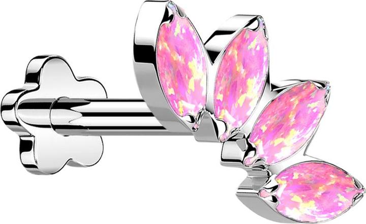 Star Piercing Micro Threadless Labret Blume silber Fächer mit vier Opale pink (ohne Messing, Titan G23)