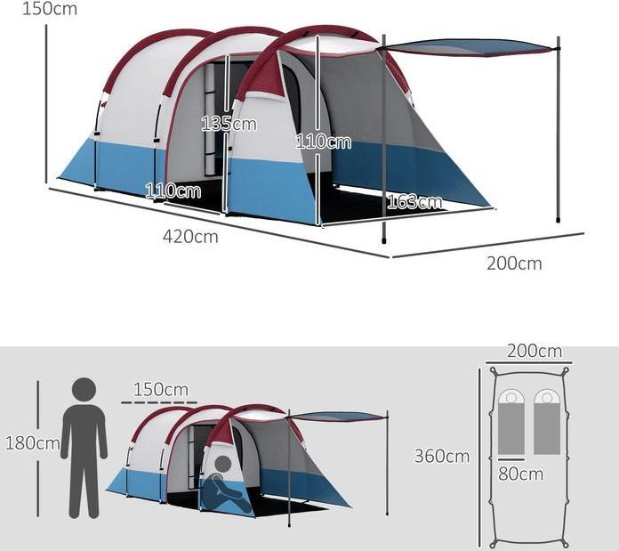 Image du produit Swisshandel24 Campingzelt, Tunnelzelt für 3 Personen, mit Lichthaken, Vorzelt für Garten, rot (Tente tunnel, 3 personnes)