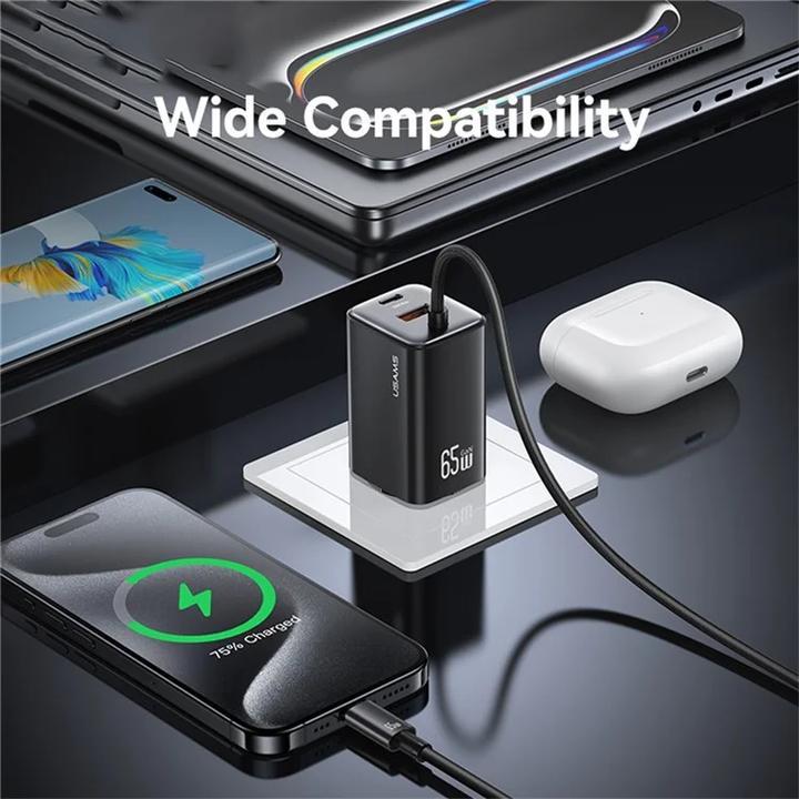 Actual product image Usams Ładowarka sieciowa JC Series CC266 65W GaN Fast Charger 2xUSB-C 1xUSB-A czarny (65 W)