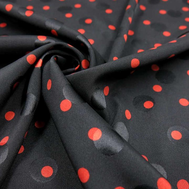 Immagine prodotto Stoffrestposten Raso Jacquard Stretch - Pois neri e rossi - Quantità minima di vendita: 1 metro