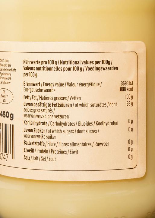 Valeurs nutritives et ingrédients KoRo Beurre clarifié bio, 99,8 % de matières grasses