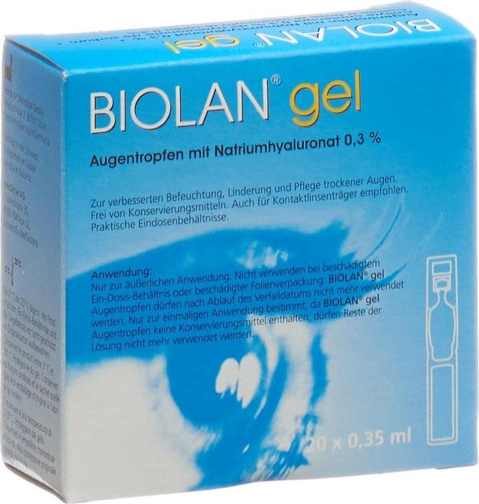Produktbild Biolan Gel Augentropfen (7 ml, Biolan Augentropfen/Gel mit Natriumhyaluronat 0.3% zur verbesserten Befeuchtung, Linderung und Pflege trockener Augen)