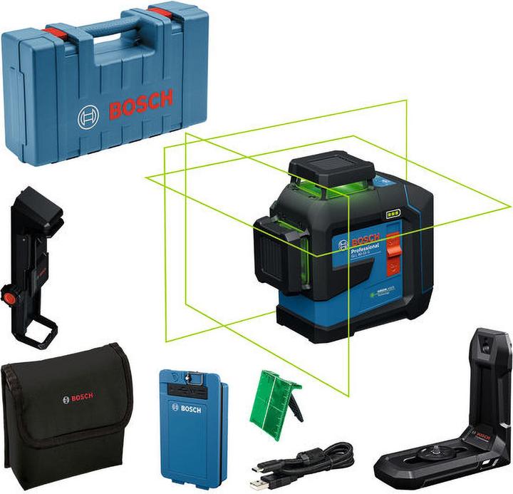 Cassetta utensili, Piastra di puntamento laser, Borsa, Morsetto da soffitto DK 20 Professional, Linea laser, Staffa universale LB 10, BA 3.7V 3.0Ah XL e cavo USB-C