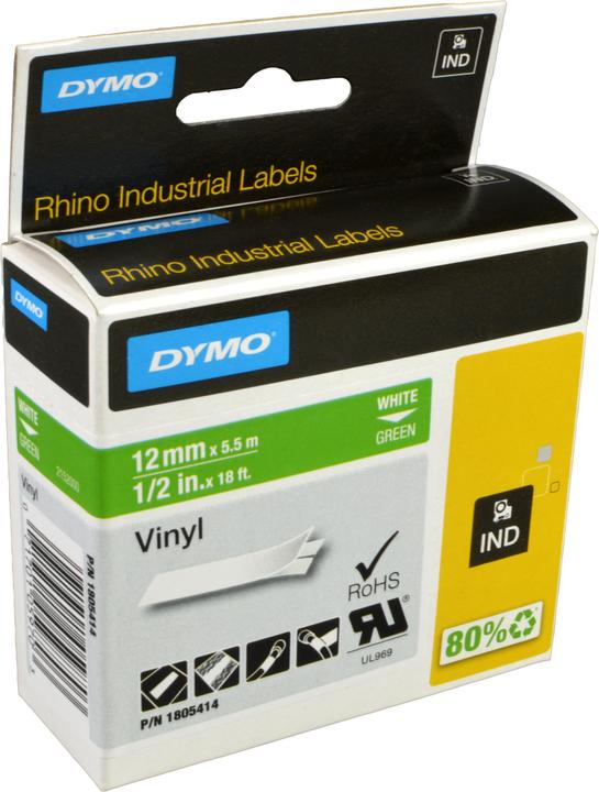 Produktbild Dymo Rhino 12mm weiß auf grün Vinyl (1.20 cm, Grün)