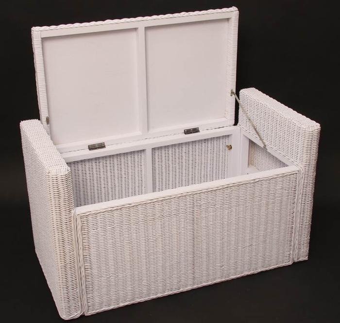 Produktbild Mendler Aufbewahrungstruhe Truhe Sitzbank Rattan mit Kissen 88cm - weiss (88 cm)