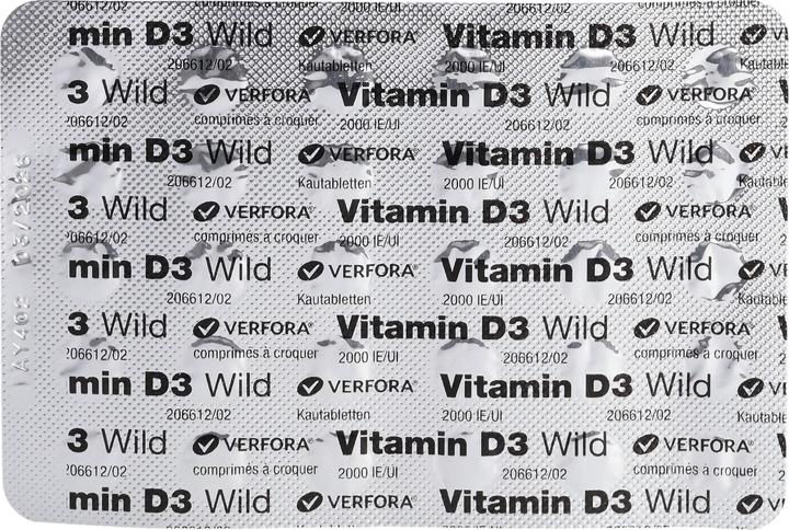 Valeurs nutritives et ingrédients Wild Pharma Vitamine D3 sauvage en comprimés 2000 UI végétalien (60 pièce(s), Cachets, 20 g)