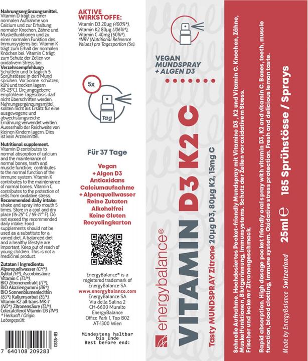 Nährwerte und Zutaten Energybalance Vitamin D3 K2 C (1 Stück, Spray, 0.03 g)