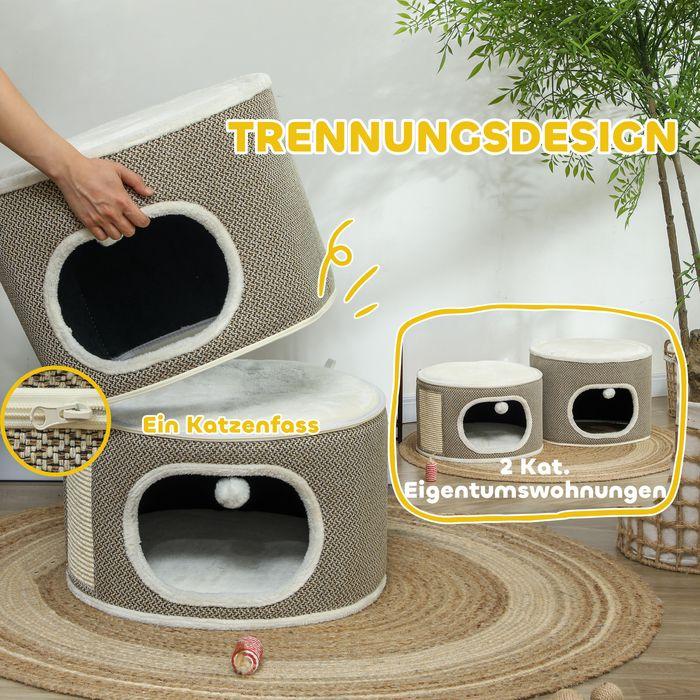 Produktbild Swisshandel24 Kratztonne, 69 cm hoch Katzentonne mit 2 Höhle, Kratzbaum für Katze bis 6 kg (69 cm, Kaffeebraun+Cremeweiss)