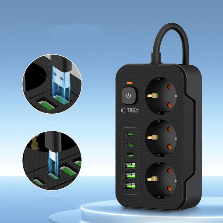 Actual product image Tech-Protect PC3X6 Power Strip 3 Sockets 240V + 3xUSB-A + 3xUSB-C 200cm - Black (3 x, USB-C, USB-A, 2 m)