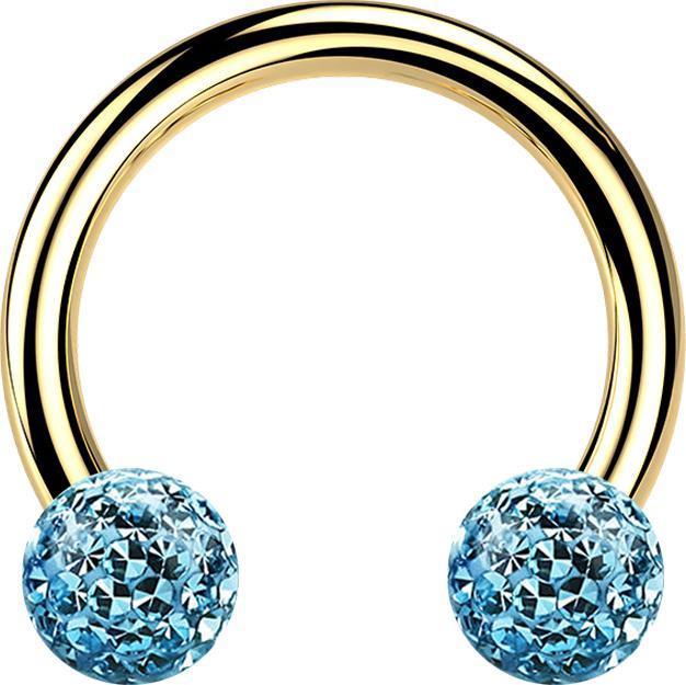 Star Piercing Micro Circular Barbell vergoldet mit zwei Kristall Kugeln aqua Epoxy Schutzschicht (Titan G23, ohne Messing)