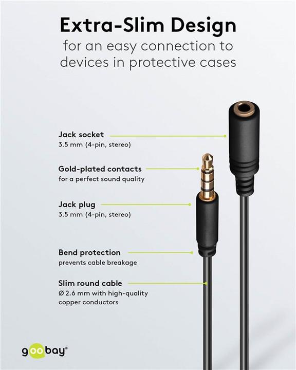 Image du produit Goobay Rallonge casque et audio AUX, 4 pôles 3,5 mm slim, CU (0.50 m, Jack 3,5 mm (AUX))