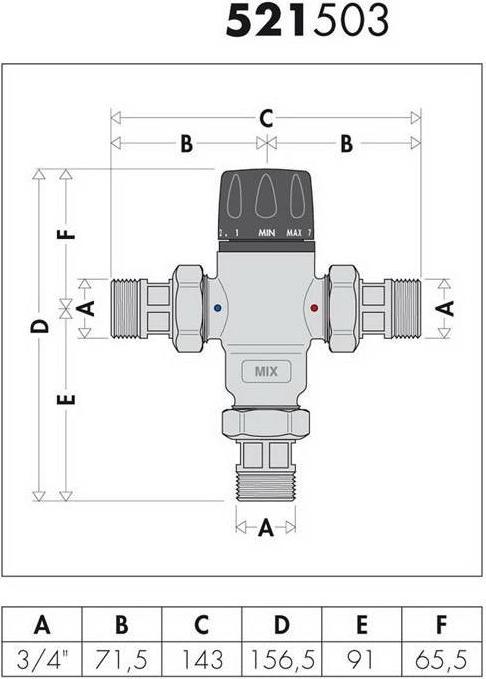 Productafbeelding Caleffi Messing thermostatisch mengventiel, regelbaar 3/4inch, 30-65 graden