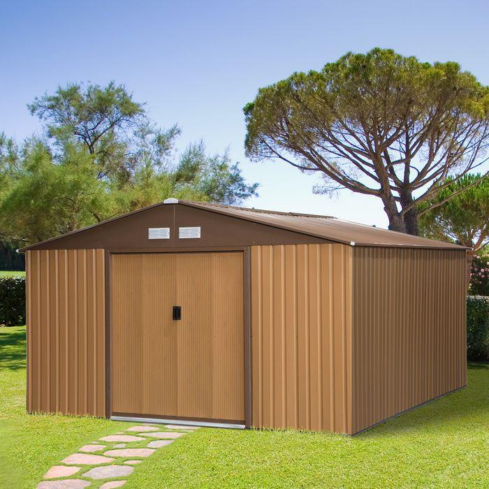 Produktbild Swisshandel24 Gerätehaus mit Bodenplatte Geräteschuppen Gartenhaus Garten Schuppen Metall Braun 340 x 386 x 200 cm
