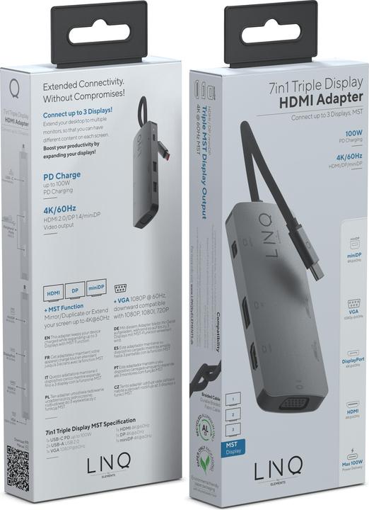 Produktbild LINQ Connects USB-C -> 1x HDMI, 1x DP, 1x miniDP, 1x VGA, 1x USB-C, 2x USB-A LQ48019 grey (USB-C, 7 Ports)