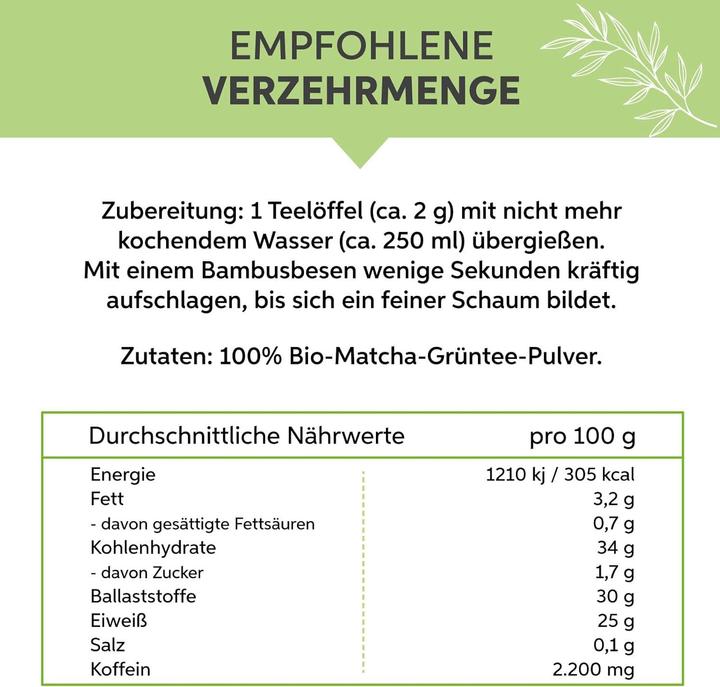 Valori nutrizionali e ingredienti Eltabia Tè Matcha biologico in polvere | Polvere Matcha Premium | Puro al 100% senza additivi (Polvere, 200 g)