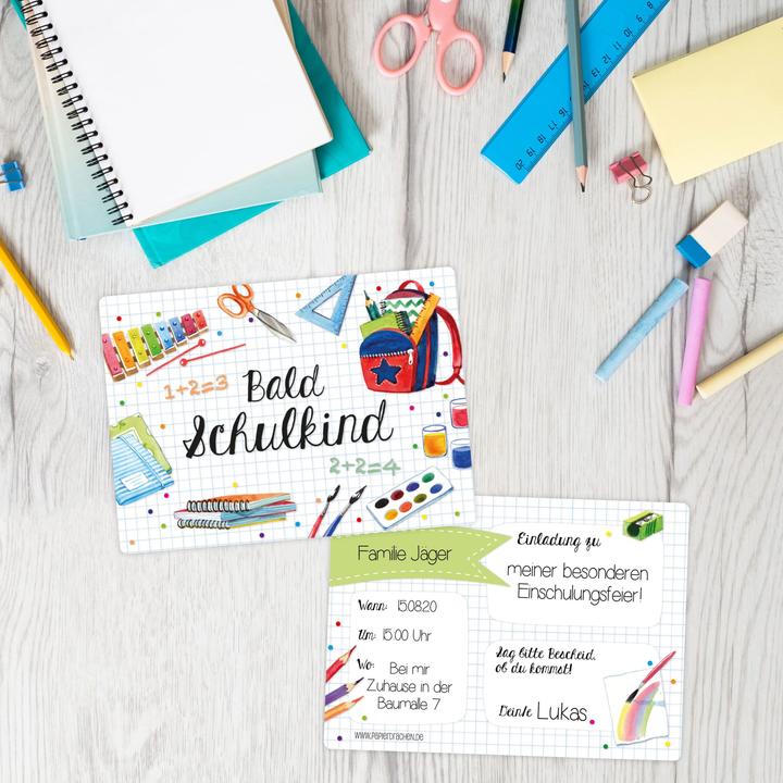 Actual product image Papierdrachen Einschulung Einladungskarten Set 6 Wasserfarben