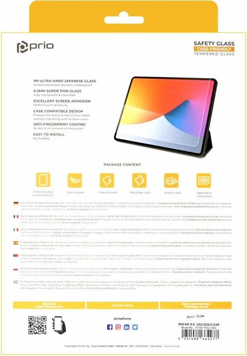 Immagine prodotto prio Pellicola protettiva in vetro temperato per iPad Air 10.9 (2022/2020) trasparente (1 Pezzo/i, IPad Air (2022))
