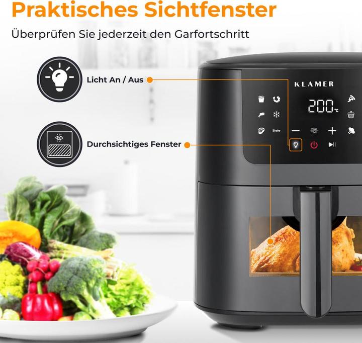 Produktbild KLAMER Heissluftfritteuse 5l XL, Heissluftfritteuse mit Sichtfenster & Schüttel-Erinnerung, Ölfr…