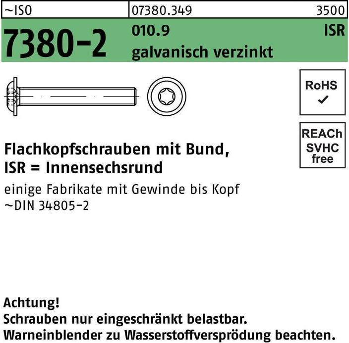 Flat head screw ISO 7380-2 w.collar/socket M 3 x 8 -T10 10.9 galvanised (500 Screws per piece)