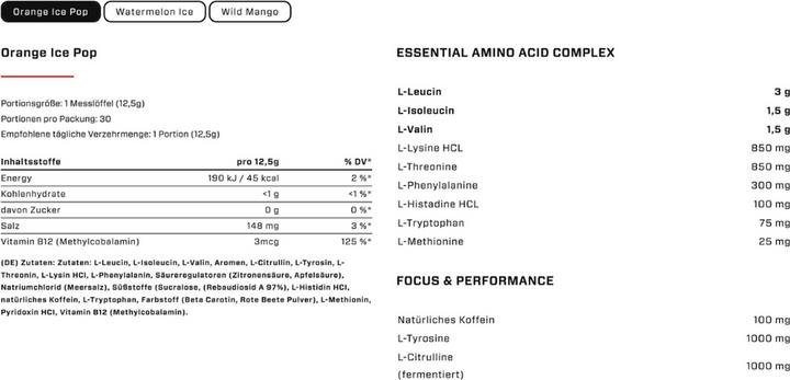 Nährwerte und Zutaten Vast Total Amino Energy+ - EAAS und natural caffeine - vegan - 375 g (Orange Ice Pop, 1 Stk., 375 g)