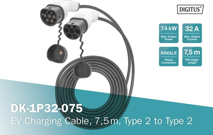 Produktbild Digitus Einphasig 32A - Ladekabel Typ 2 auf Typ 2 (Typ 2, 7.40 kW, 32 A, 7.50 m)