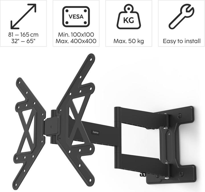 Produktbild Hama TV-Wandhalterung FULLMOTION, 400x400, 165 cm (65"), extra langer Arm, slim (Wand, 65", 50 kg)