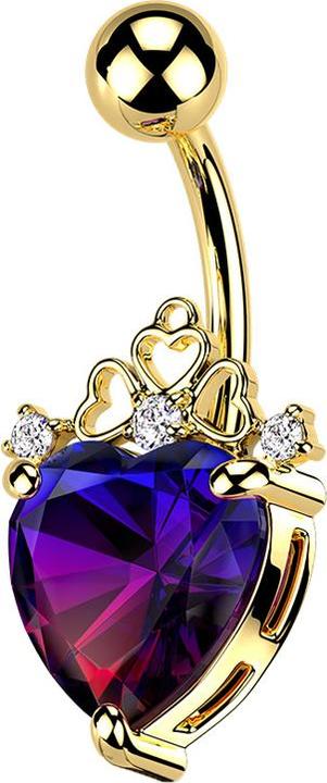 Produktbild Star Piercing Banane 14k vergoldet mit Kugel Filigrane Herzen grosses Kristallherz (Chirurgenstahl 316L, Messing)
